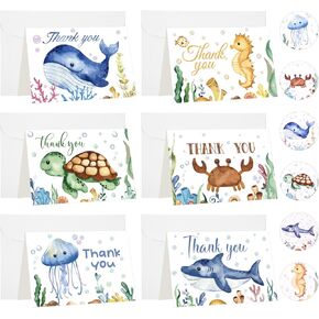 Jetec 48 Sets Sea Animal Thank You Cards Baby Shower Thank You Cards with Envelopes and Stickers Whale Crab Shark Turtle Ocean Creatures style for Summer Baby Bridal Shower Wedding, 4 x 6 Inch
