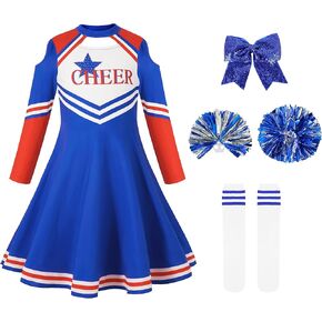 LOLANTA Girls Cheerleader Uniform, Long Sleeve Cheerleading Dress Kids Halloween Costumes Party Outfit Christmas Gifts 5-13Y