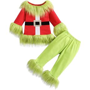 Baby Christmas Costume Santa Claus Outfit Green Furry Monster Long Sleeve Top+Pants 2 Piece Set Cosplay Clothes