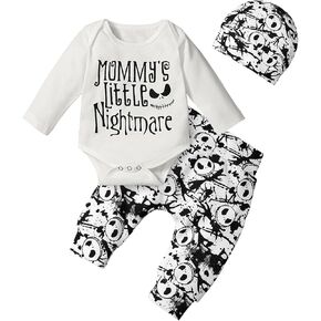 Night Christmas Baby Mommy's Little Nightmare Letter Print Bodysuit Pants and Hat Outfit Set Newborn to Infant