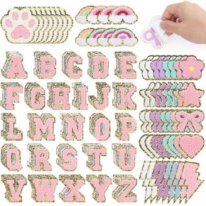 160 PCS CHENILLE ASPROIDERED PATCES-لاصق ذاتي 104 رسائل اسكواش A-Z (4 لكل منهما) و 56 ملصقات من أشكال اللمعان من الحديد لإصلاح الملابس DIY ، والقبعات ، وحقائب الظهر ، والسترات ، والأكياس ،