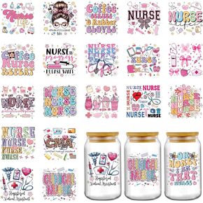 Nurse UV DTF Cup Wraps - 8 Sheets Pink Clinical Nurses Uvdtf Tumbler Wrap for 16 oz Glass Water Bottle, Bow Milk Tea Ice Cream Transfer Stickers DIY Mug Craft Decor Creative Gifts for Hospital Nursing
