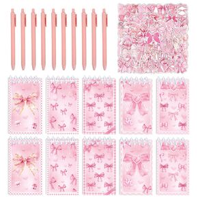 FCKLVMC 120 PCS Coquette Notebook Supplies Supplies Set ، 10 Pink Bow Journal و 10 Low Pens 100 Stickers ، Preppy Cute Spiral Bow Book