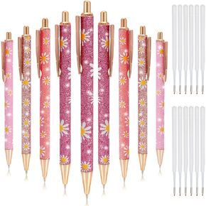 Whaline 9 PCS Daisy Style Point Pens Sparkly Glitter ملونة معدن أقلامًا بملونًا مع 10 أجزاء من الحبر الأسود الحبر الأسود لأقلام الحبر الأسود لصالح هدية عيد الميلاد لصالح ديكور مدرسة المنزل