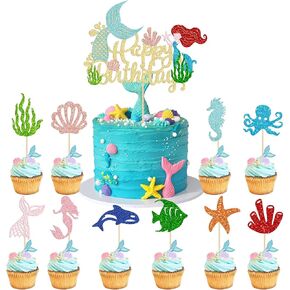 Gyufise 31pcs حورية البحر الكب كيك أعلى القبعات - كعكة عيد ميلاد سعيد معج مع النجوم اللامعة ، صدف ، زخارف الذيل لاستشمى الطفل ، لوازم كعكة عيد ميلاد الأطفال