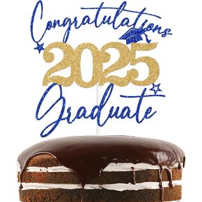 Blue & Gold Glitter Congratulations 2025 Graduate Cake Topper, Congrats 2025 Grad Decorations, 2025 Senior High School College University Graduation Party Decorations Supplies