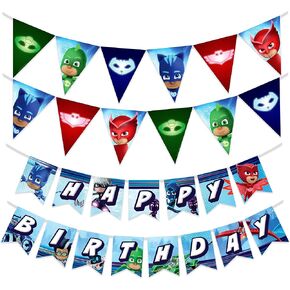 Treasures Gifted Officially Licensed PJ Masks Birthday Decorations - Set of 3 Pre-strung Banners - (1) Happy Birthday Banner & (2) Triangle Pennants - PJ Masks Party Supplies