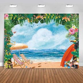 Summer Beach Watercolor Backdrop Hawaiian Ocean Blue Sky Seaside Tropical Palm Trees Luau Background Birthday Decord Banner 82x60in