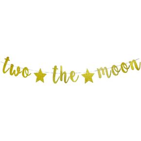 Guysckfi Two the Moon Banner - Baby 2nd Birthday Party Supplies, Outer Space Birthday Party Decoration, Gold, 5.5 Inches by 7.8 Inches