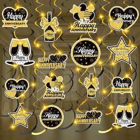 Wedding Anniversary Party Decorations Hanging Swirls, 16Pcs Black Gold Happy Anniversary Hanging Ceiling Swirls with LED Light for Men Women Anniversary, 25th 50th 60th Wedding Anniversary Party Decor