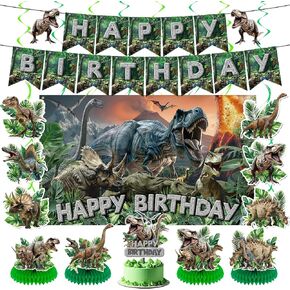 Dinosaur Birthday Decorations 13Pcs Dinosaur Party Banner with Jungle Birthday Backdrop Hanging Swirls Honeycomb Centerpieces Cake Topper for Kids Boys Girls Dino Party Decor Supplies