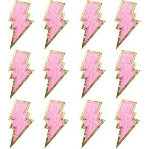 12 PCS Pink Lightning Iron On Patch Gold Edges Bolt Patch Chenille Patches for Hats Bags Jackets
