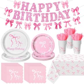 172 Pcs Pink Bow Birthday Party Supplies Coquette Cute Bachelorette Party Decor with Pink Bow Napkins Plates Cups Forks Tablecloth Banner Pink Bow Theme Tableware for Girl Birthday Baby Shower