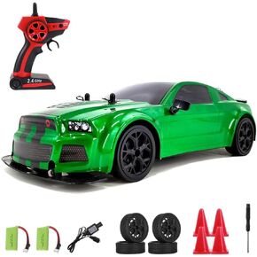 RC Drift Car, 1:14 4WD 30KM/H High Speed RC Racing Car, 2.4GHz Remote Control, LED Lights, 2 Batteries, Race & Drift Tires for Kids & Adults (Blue)
