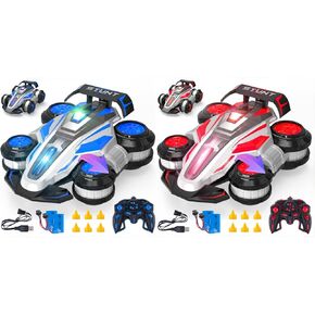 1:14 Remote Control Roll Stunt Car for Boys 360°Rotating 4WD RC Cars with Lights Music Upright Walking Four-Wheeled Rollover Toy Car Gifts for Age 6-12（Blue Red Two Cars）