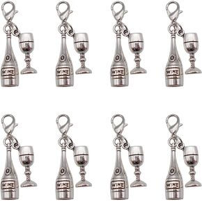 10 pcs Retro Alloy Silver Wine Bottle and Goblet Charm Alcohol Pendant with Lobster Claw Clasp Bracelet Keychain Dangle Hanging Decor 40 mm