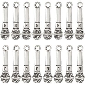 Sunnyclue 1 Box 60PCS Microphone Charms Bulk Music Pendants Tibetan Style Silver Silver Singer Mini Karaoke Miniature Miniature Lifelelik