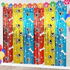 2 Pack Dog Birthday Party Decorations Foil Fringe Curtains Backdrop, 3.28 x 6.56 Ft Red Gold Blue Foil Fringe Tinsel Streamer Photo Booth Props for Boys Baby Shower Birthday Party Supplies Favors