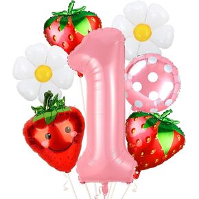 NANAGALI 7Pcs Berry First Party Decorations, 40" Pink One Balloon for First Birthday Decorations Sweet One Strawberry 1st Berry First Birthday Decor Foil Helium Balloons for Girls