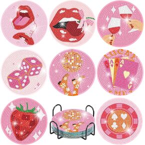 Canrichshop Pink Vintage Diamond Paintings Coasters Kits Set,8 Pieces Retro Funny Drinks Diamond Art Painting Coasters Kit with Holder,5D DIY Full Drill Diamonds Dot for Beginners Gift