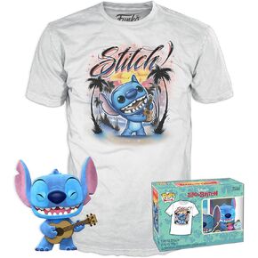 فونكو بوب! & tee: Lilo and Stitch - Ukelele Stitch (flocked) - كبير - (L) - تي شيرت - ملابس مع minifigure فينيل القابلة للتحصيل - فكرة الهدية - ألعاب وأكمام قصيرة للبالغين للجنسين الرجال والنساء