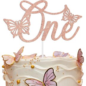 Butterfly One Cake Topper, Baby 1st Birthday Cake Decorations, Butterfly Theme Baby Shower First Birthday Party Supplies for Girls, Rose Gold Glitter