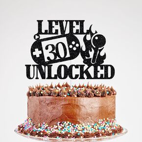 Level 30 Unlocked Cake Topper, Happy 30th Birthday Cake Toppers, Level Up 30 Cake Pick, Video Game Controller 30th Bday Party Supplies Black Glitter