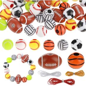 Ouligay 70pcs Sports Beads ، 12 مم لكرة السلة للبيسبول كرة كرة قدم لكرة القدم تنس ، حبات أكريليك لأساور الحرف المعلقات (7 أنماط 10 مساءً لكل منهما)