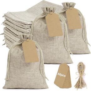 حقائب هدايا Lucky Monet 50pcs مع علامات 50pcs ، وأكياس المجوهرات الصغيرة ، و 6.7 "× 9" كيس لحفل الزفاف ، والحفلات ، والحرف ، و DIY (كريم)