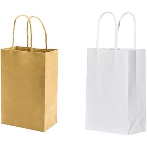 Each 100 Pack Small Size White&Brown Craft Paper Gift bags with Handles Bluk for Birthday Party Favors