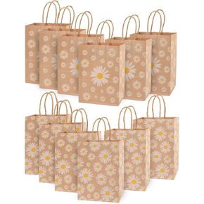 Vynyjoan 12pcs Daisy Gift Fags Groovy Daisy Treat Fags ، 8.3 "x5.9" x3.1 "Boho Kraft Paper Bass with Handles