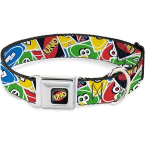 Mattel Pet Collar, Dog Collar Metal Seatbelt Buckle, UNO Cards Stacked Collage Multi Color, 16 to 23 Inches 1.5 Inch Wide