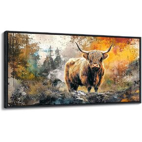 QZQCBLC Highland Cow Wall Art, Vintage Country Style Abstract Landscape Pictures Animal Cattle Canvas Print Framed Paintings Artwork for Living room Bathroom Bedroom Home Office Decor 20x40 IN