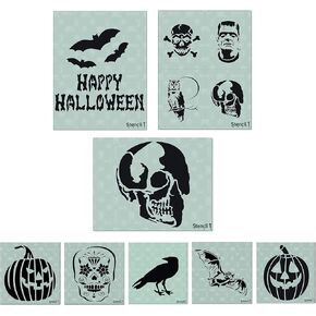 Halloween 8 Pack Stencil Set, Pumpkin Stencils- Includes Motifs Happy Halloween, Raven Bat, Sugar Skull, 2 Jack-O-Lanterns, Skulls, Laser Cut Mylar by Stencil1