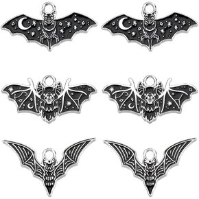 SUNNYCLUE 1 Box 24Pcs Bat Charms Gothic Black Enamel Bats Wing Charm Halloween Blood Sucking Animal Flittermouse Charms Crescent Moon Star Silver Tone Bat Vampire Charm for Jewelry Making Charms