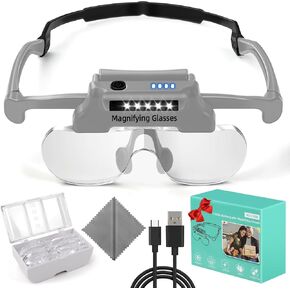 Magnifying Glass with Lights, Hands Free Magnifying Glasses with 5 LEDs, 1.5X to 5X Detachable Lenses Magnifier Glasse for Close Work Jeweler's Loupe, Sewing, Craft
