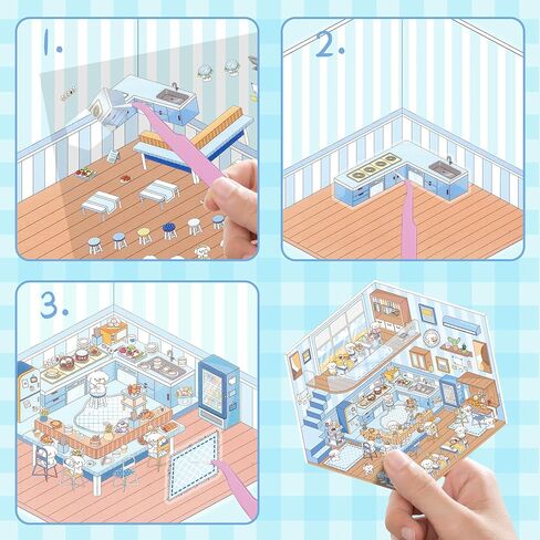 4 مجموعات ملصقات DIY 3D House ، مشهد ملصق ثلاثي الأبعاد ملصقات مشهد مصغرة ، اصنع كوخ خبز صغير خاص بك/متجر للزهور/المكتبة/متجر الملابس ، كتاب هادئ in Kuwait