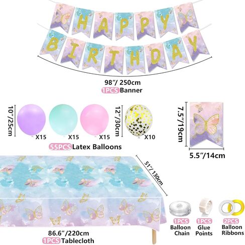 233 PCS Butterfly Party Decorations - Butterfly Balloons ، Banner ، Cake Topper ، Fairy Wing ، Tattoo ، Descons ، Plates ، Falkins ، Cups ، Table -Excloth for Girl Women Firsts ، in Kuwait