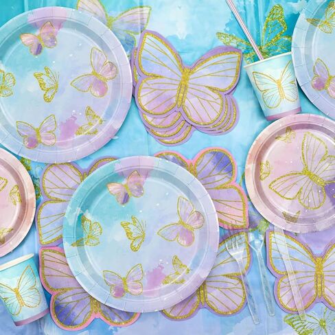 233 PCS Butterfly Party Decorations - Butterfly Balloons ، Banner ، Cake Topper ، Fairy Wing ، Tattoo ، Descons ، Plates ، Falkins ، Cups ، Table -Excloth for Girl Women Firsts ، in Kuwait