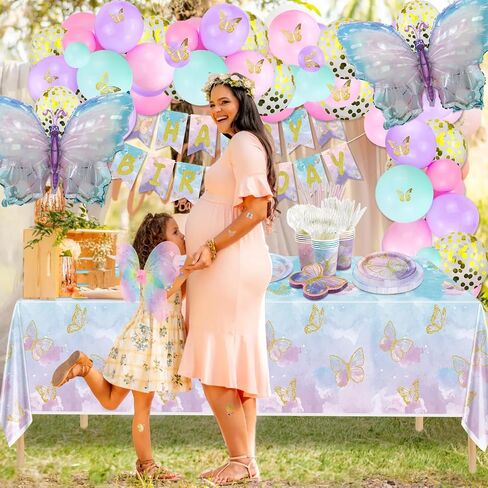 233 PCS Butterfly Party Decorations - Butterfly Balloons ، Banner ، Cake Topper ، Fairy Wing ، Tattoo ، Descons ، Plates ، Falkins ، Cups ، Table -Excloth for Girl Women Firsts ، in Kuwait