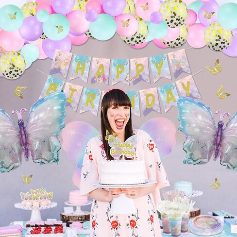 233 PCS Butterfly Party Decorations - Butterfly Balloons ، Banner ، Cake Topper ، Fairy Wing ، Tattoo ، Descons ، Plates ، Falkins ، Cups ، Table -Excloth for Girl Women Firsts ، in Kuwait