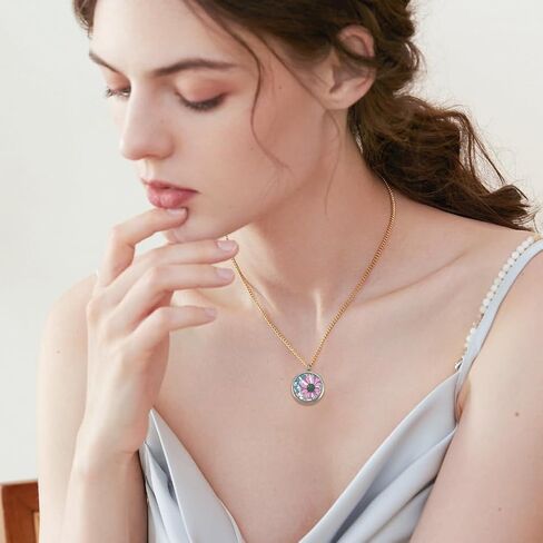 Round Photo Charms Necklace Stainless Steel Locket Pendants Crystal Double-Sided Frame Memory Locket Round Charm with 17.7inch Chain for Wedding Jewellery Making Photo in Saudi Arabia