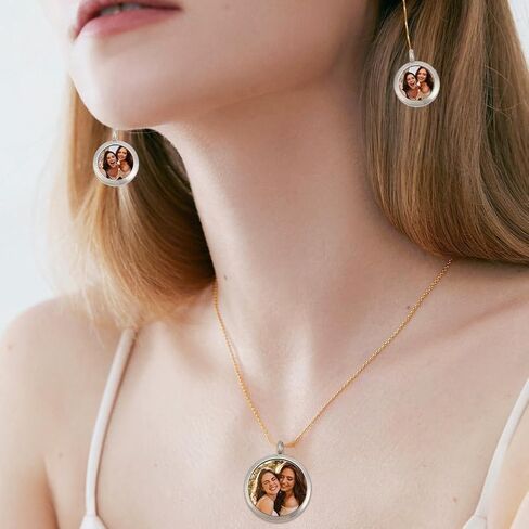 Round Photo Charms Necklace Stainless Steel Locket Pendants Crystal Double-Sided Frame Memory Locket Round Charm with 17.7inch Chain for Wedding Jewellery Making Photo in Saudi Arabia
