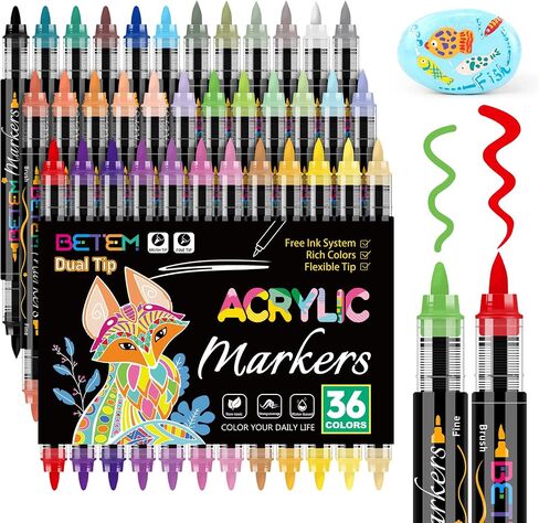 Acrylic Paint Markers Paint Pens, 24 Colors Dual Tip Direct Liquid Acrylic Markers with Automatic Ink Control System, Fine & Brush Tip Art Supplies for Rock Painting, Wood, Stone, Fabrics, DIY Craft in Kuwait