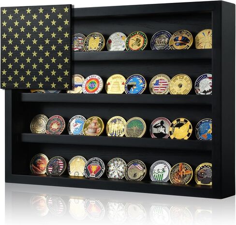 Challenge Coin Holder Display Case Wall Mount, 4 Rows Wooden Military Coin Display Stand Holds 64-73 Coins with 2 Groove Shelves , Army Coin Rack with Magnetic American Flag, Black in Saudi Arabia