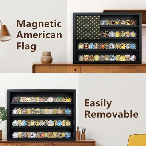 Challenge Coin Holder Display Case Wall Mount, 4 Rows Wooden Military Coin Display Stand Holds 64-73 Coins with 2 Groove Shelves , Army Coin Rack with Magnetic American Flag, Black in Saudi Arabia