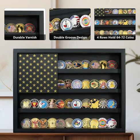 Challenge Coin Holder Display Case Wall Mount, 4 Rows Wooden Military Coin Display Stand Holds 64-73 Coins with 2 Groove Shelves , Army Coin Rack with Magnetic American Flag, Black in Saudi Arabia