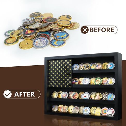 Challenge Coin Holder Display Case Wall Mount, 4 Rows Wooden Military Coin Display Stand Holds 64-73 Coins with 2 Groove Shelves , Army Coin Rack with Magnetic American Flag, Black in Saudi Arabia