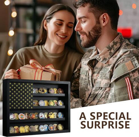 Challenge Coin Holder Display Case Wall Mount, 4 Rows Wooden Military Coin Display Stand Holds 64-73 Coins with 2 Groove Shelves , Army Coin Rack with Magnetic American Flag, Black in Saudi Arabia