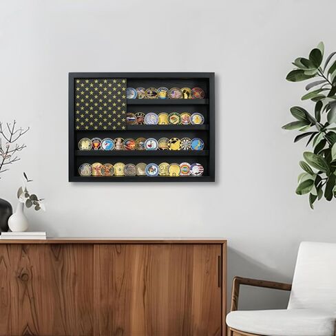 Challenge Coin Holder Display Case Wall Mount, 4 Rows Wooden Military Coin Display Stand Holds 64-73 Coins with 2 Groove Shelves , Army Coin Rack with Magnetic American Flag, Black in Saudi Arabia